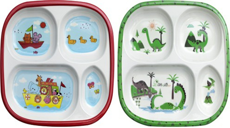 ZIDO Exclusive (Pack of 2) Melamine A Grade Quality Stylish Square Partition Plate with Attractive Kids Loving Design (Model Animal Family and Dinosaur) Dinner Plate(Pack of 2)