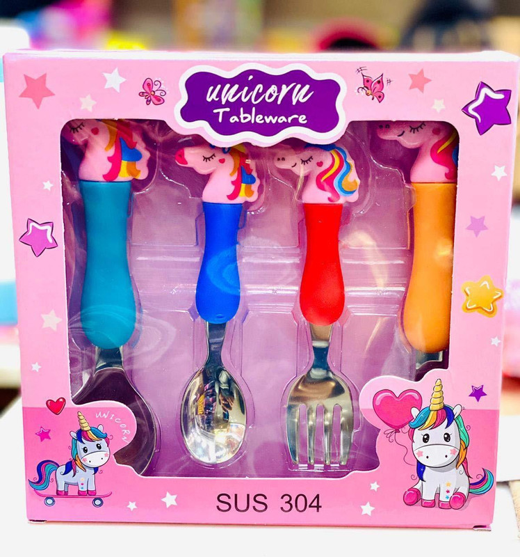 KshatRaj Cartoon Character Kid Toy Gift, Baby Feed Spoon and Fork Set/Cutlery/Kitchen Supplies (Unicorn) Stainless Steel, Plastic Table Spoon Set(Pack of 4)