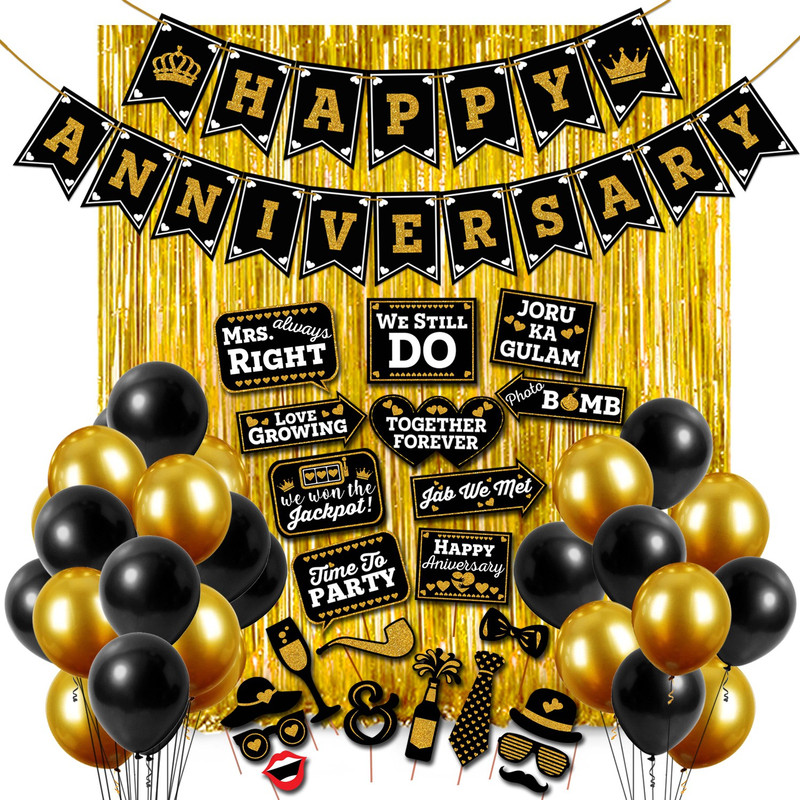 PartyDecoration Happy Anniversary Decoration Combo Happy Anniversary Banner - Gold Foiled Fringe Curtain - Foil Balloons - Latex Balloons Wedding Anniversary Party Decoration Photo Props (Pack of 50)(Set of 50)