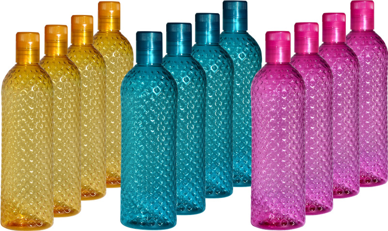 Aone Dimond Design Plastic Fridge,office,Home Water Bottle 1000 ml Plastic Bottle(Pack of 12, Yellow, Blue, Pink)