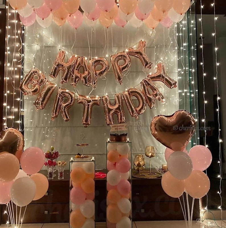 HBD Printed Solid Rose gold Happy Birthday Party Decoration Pack with 60 Metallic Balloons, Heart, Confetti Balloons and Lights (Pack of 70) Balloon(Gold, White, Orange, Pink, Pack of 70)