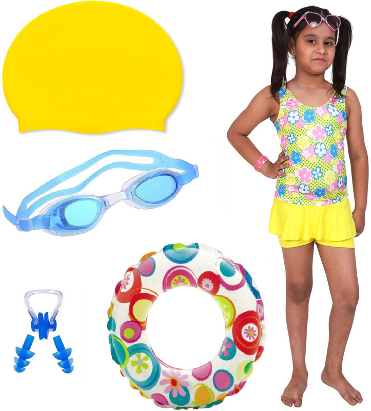 THE MORNING PLAY BABY GIRLS SWIMMING COSTUME YELLOW (7 TO 8 Years) GOGGLES & YELLOW CAP WITH RING SWIMMING KIT Swimming Kit