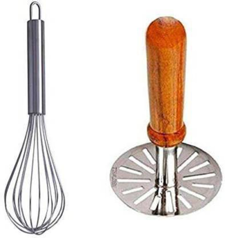 VIJAY EXPORT Kitchen Stainless Steel Potato Masher and Egg Whisker Steel Handle Gives a Good Grip Wooden Masher ( pack of 2 ) Kitchen Tool Set(Masher, Whisk)