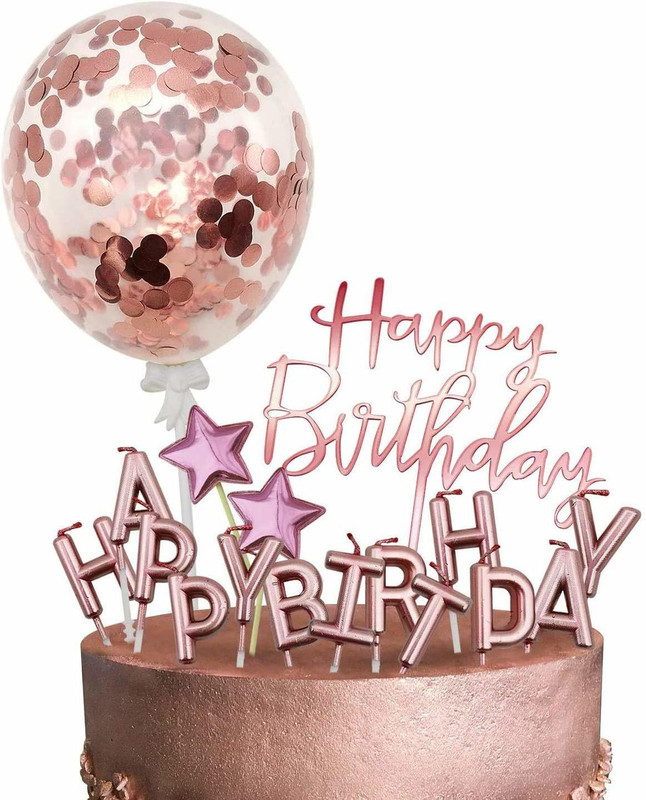 Party Propz Rose Gold Cake Decoration Kit - Happy Birthday Candles, Happy Birthday Banner, Confetti Balloon, Stars Cake Topper for Girl Kid Women Birthday Theme Decor Cake Topper(Rose Gold Pack of 17)