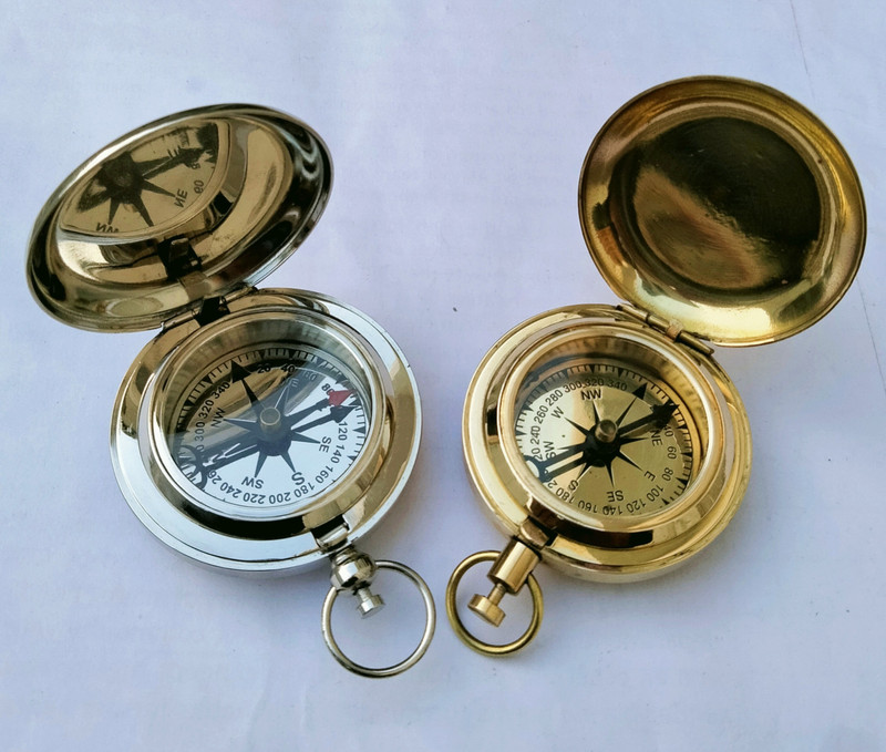 Ascent India Set of 2 Brass Push Button Pocket Lid Compass Nickel Polished Gift Compass(Gold, Silver)