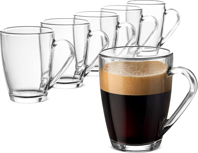 LEBELIEF WORLD (Pack of 6) Tea and Coffee Handle Mug Glass Cup Milk Green Hot Chocolate Cold Drinks Black Beverages Home & Office Restaurant Café Meeting Ginger Syrup Sikanji Glass Set Cocktail Glass(215 ml, Glass, White)