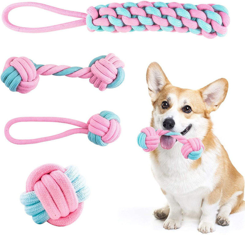 YOUHAVEDEAL Chew Dog Toys + Dog Rope Toy + Interactive Pet Chew Toys Set + Washable Braided Cotton Teeth Cleaning Chewers for Puppies + for Small, Medium and Large Dogs + Durable Teething Ropes 5 in 1 Dog Combo (Color May Vary) Cotton Ball, Chew Toy, Training Aid For Dog