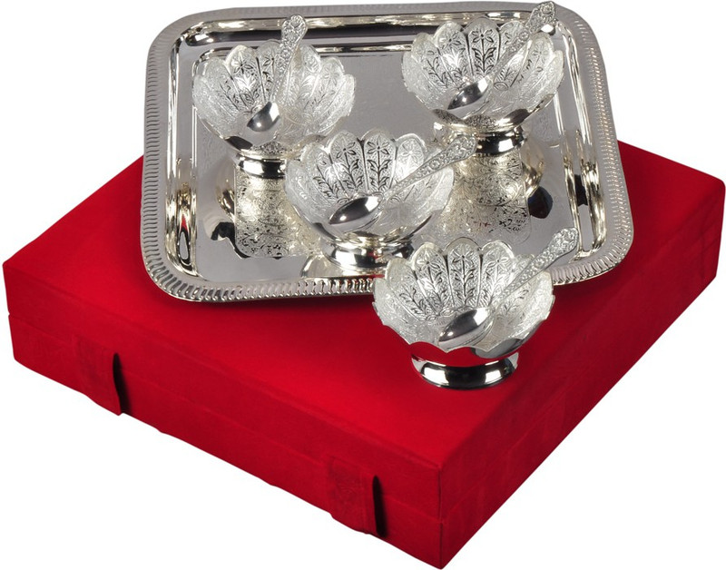 Navya Craft Silver Plated Brass Bowl Set with Tray - Pack of 9 Bowl, Tray, Spoon Serving Set