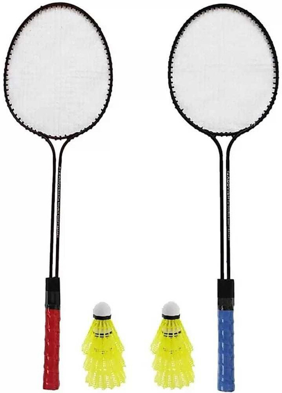 KNK Double Shaft Iron Body Badminton Racket Pack Of 2 Piece With 6 Piece Plastic Shuttles Badminton Kit