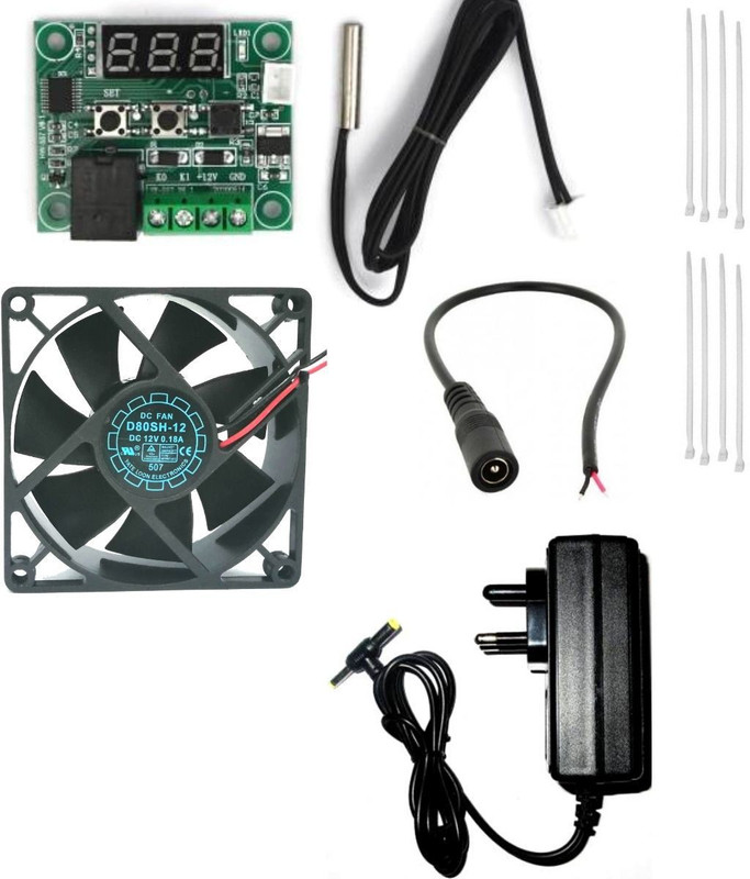 TechSupreme Best Combo for DIY Incubator W1209 + 12v 2Amp Adapter + 2 Piece 3 inch fan + 12 Pieces Ties 10” Inch + 1 DC Female Connector For Diy Incubator Temperature Sensor and Controller Electronic Hobby Kit