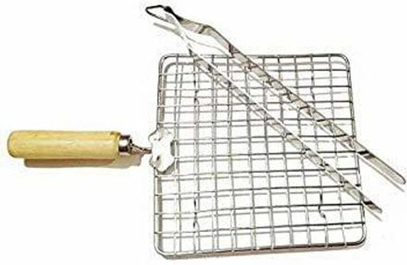 Mohprit Outdoor Cooking Pulka Jali Papad bbq Shelf Roti Roast Stainless Steel Square Shape Tandoors & Grills Cooking Barbecue Pizza Meat Vegetables Chicken Burning With Long Wooden Handle & Chimta 1 kg Roaster(Silver)
