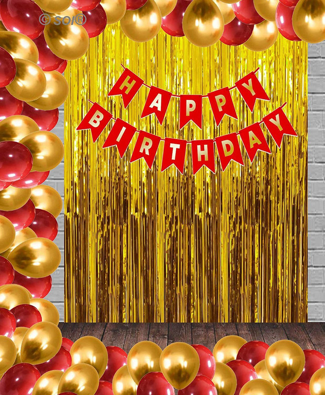 SOI (54 Pcs) Red Gold Happy Birthday Toy Banner Balloons Combo for Kids Or Boys Girls Birthday Decoration Items (Red)(Set of 53)