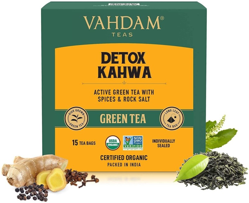 Vahdam Organic Detox Kahwa Ginger, Tulsi Green Tea Bags Box
