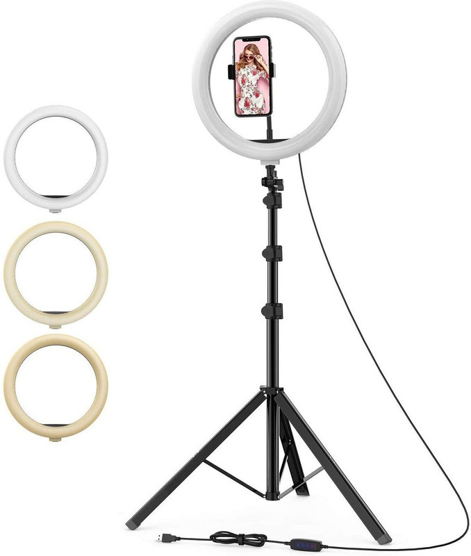 Deeshora Premium Adjustable 2.1m stand with 10inch ring light for Travel,nightout video Ring Flash(White, Black)