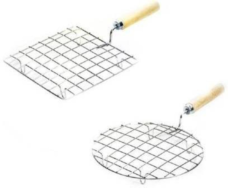 Country hub Stainless Steel Roaster Tandoor Paneer Roti Roaster Net Jali Papad Jali Barbecue Grill with Wooden Handle,Round + Square ( Set OF 2 )Papad Jali Roti Roast Grill with Handle Roaster Circle Chapati Toast Wooden Barbeque Silver paneer tandoor,papad-chapati-roti-grill-jali-with-wooden-handle