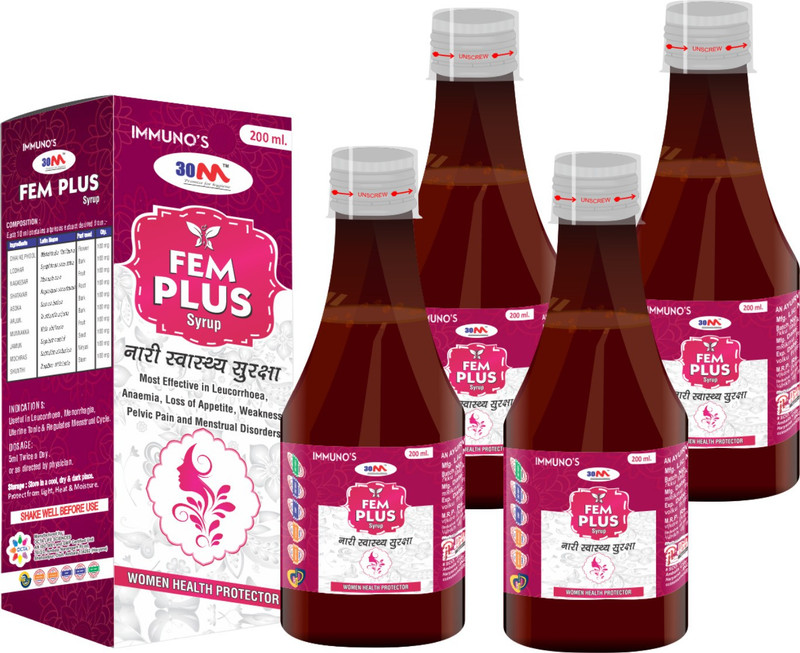 30M Ayurvedic White Discharge Medicine Tonic Syrup for Women Health - Uterine Tonic - Periods Pain Relief - FEM PLUS (2 x 200ml) - Leucorrhoea, Anaemia, Loss of Appetite, Weakness, Pelvic Pain and Menstrual Disorder (Pack of 2)(Pack of 2, 400 ml)
