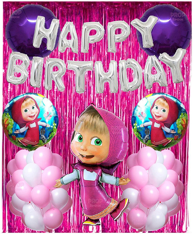 Anayatech MASHA AND THE BEAR HAPPY BIRTHDAY DECORATION KIT COMBO ITEMS BALLOONS COMBO FOR GIRLS HAPPY BIRTHDAY LETTER FOIL, FOIL CURTAINS, MASHA AND THE BEAR THEME FOIL BALLONS 5 PC SET AND METALLIC LATEX BALLOON-pack of 40(Set of 40)