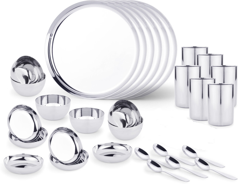 LIMETRO STEEL Pack of 30 Steel Pack of 30 Stainless Steel Dinner Set ( 6 Dinner Plates,6 Halva Plates, 6 Bowl/ Wati, 6 Glasses, 6 Spoons,) Dinner Set(Steel)