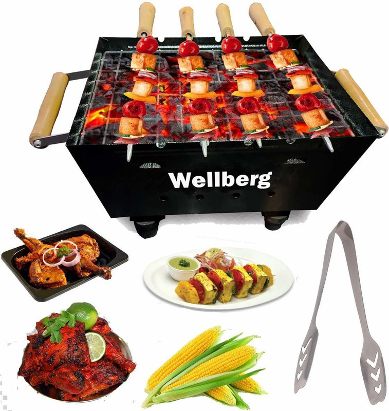 WELLBERG Barbeque Grill with Charcoal Heat Creation with 5 skewers (Simplest Designs) Roti/Khakhra Maker(Black)