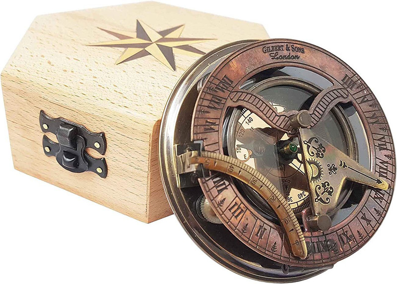 Ascent India Antique Brass sundial compass with rose wood box gift Compass(Brown)