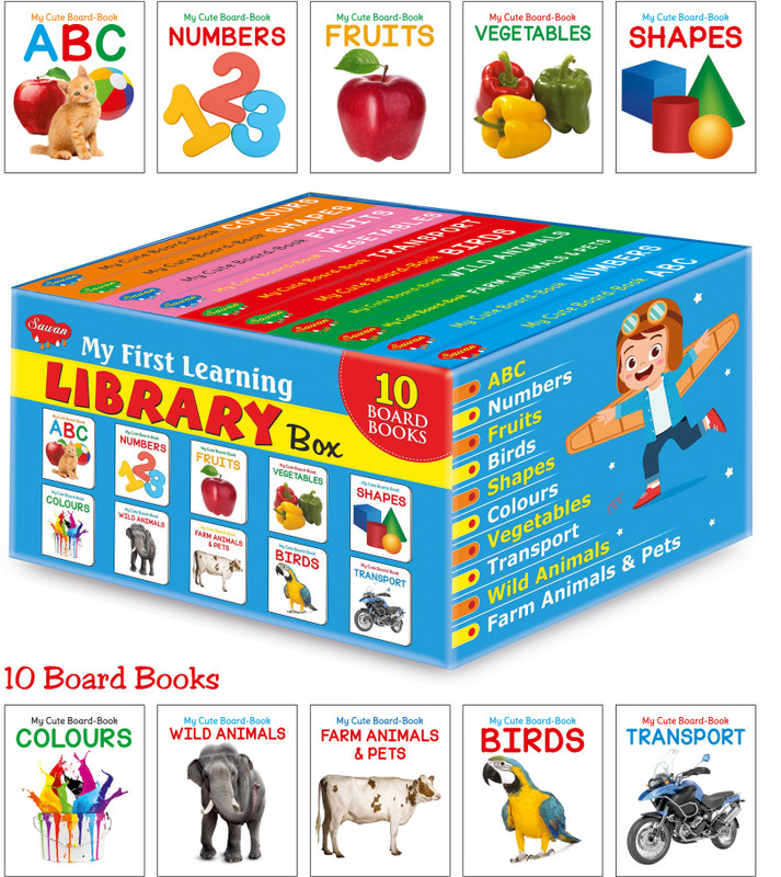 Picture Book Collections For Early Learning Blue Box (Set Of 10 Board Books) - My Book Of ABC, My Book Of Numbers, My Book Of Colors , My Book Of Birds, My Book Of Vegetables, My Book Of Fruits, My Book Of Shapes, My Book Of Farm Animals & Pets, My Book Of Transport, My Book Of Wild Animals(Hardcove