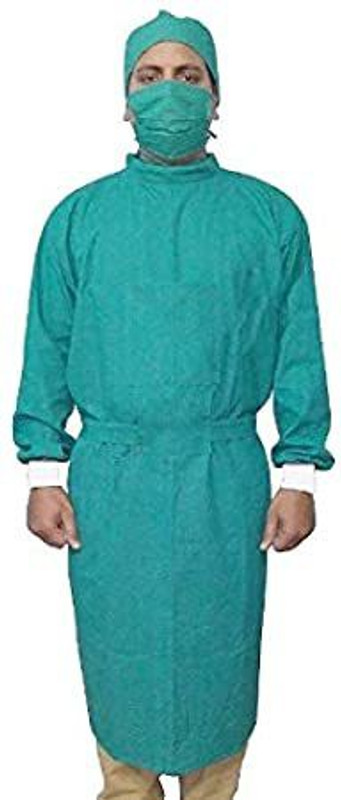 MSC Surgicals Reusable Cotton Surgeons Gown Premium Set with Face Mask and Cap (Green) Gown Hospital Scrub(GREEN Free)