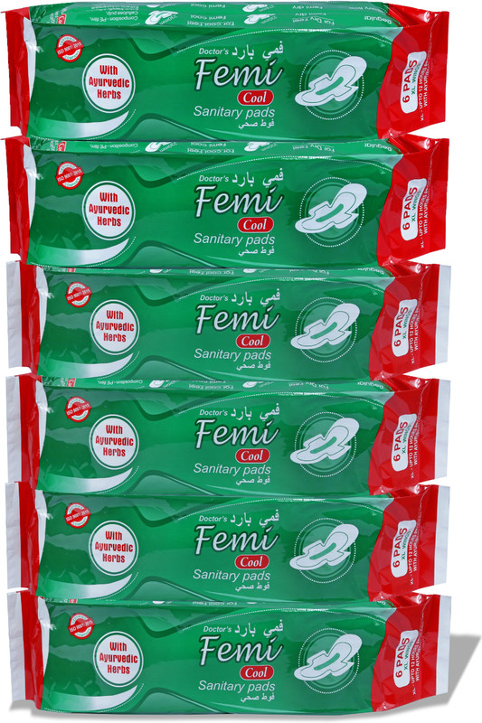 Femi cool Medicated Sanitary Pad With Ayurvedic Herbs | Herbal | Pain Relief | Rash Free | With Wings - XL ( 36 Pads ) Sanitary Pad(Pack of 36)