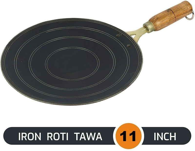 Maskey ( Size - 9 Inches ) Original Premium Handmade Loha Iron Lokhand Roti / Chapati Tawa with Polished Wooden Handle Tawa 23 cm diameter(Cast Iron, Non-stick, Induction Bottom)
