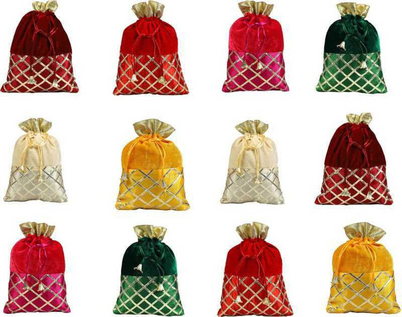 Dev Handicraft Festival and Wedding Gifting Criss Cross Gota Patti Velvet Multicolour Shagun Pouch Potli for Women -Pack of 12 Potli(Pack of 12)