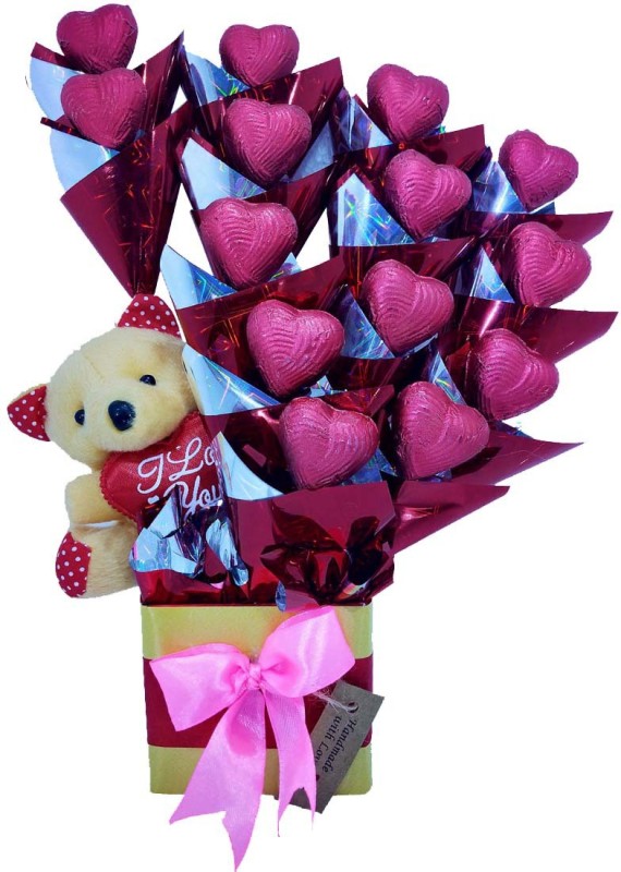 handmade chocolate Bouquet of any celebration handmade 14pcs hart two flavor (milk and white ) chocolate bouquet with toy Plastic, Sponge, Paper, Bamboo Gift Box(Red)