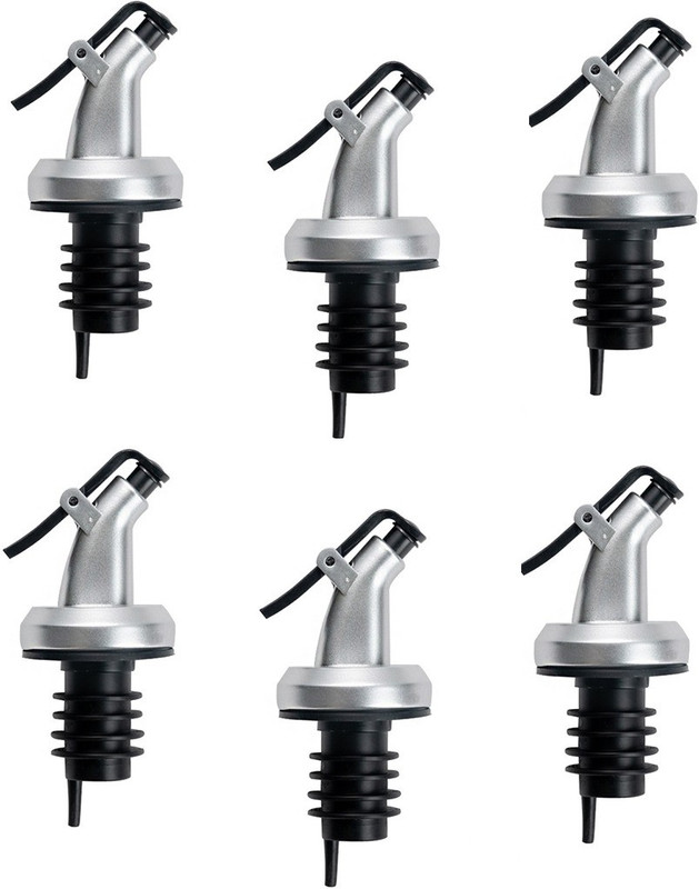 Nyamah sales Oil Bottle Cap for Pour Oil, Olive Oil, Vinegar, Wine or Salad Dressing Bottle Dispenser for Home and Kitchen Leak-proof Pack of 6 Plastic, Silicone Bottle Stopper(Black, Silver)