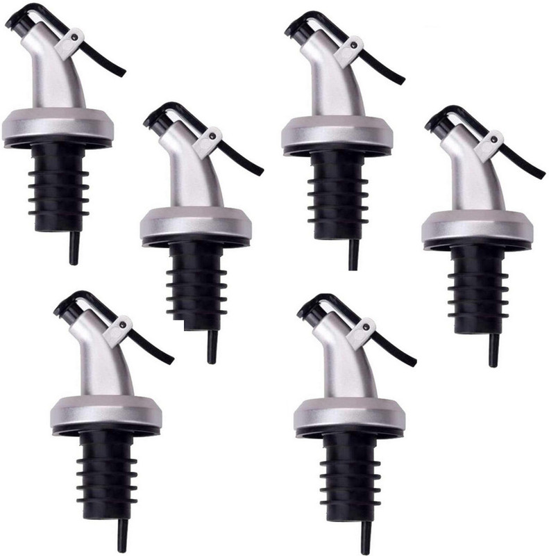Ghelonadi 6 PCS Bottle Pourer Oil Sprayer Cap Glass Olive Oil Vinegar Dispenser Lid Kitchen Oil Stainless Steel Leak-Proof Plastic, Silicone Bottle Stopper(Black, Silver)