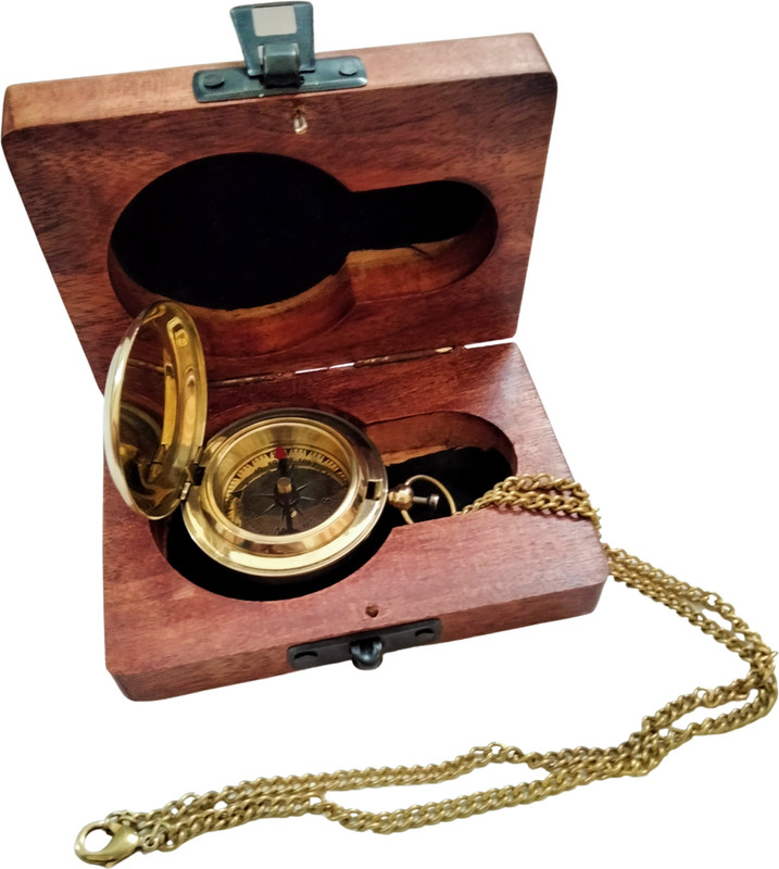 Ascent India Brass push button lid compass chain with gift wood box Compass(Gold)