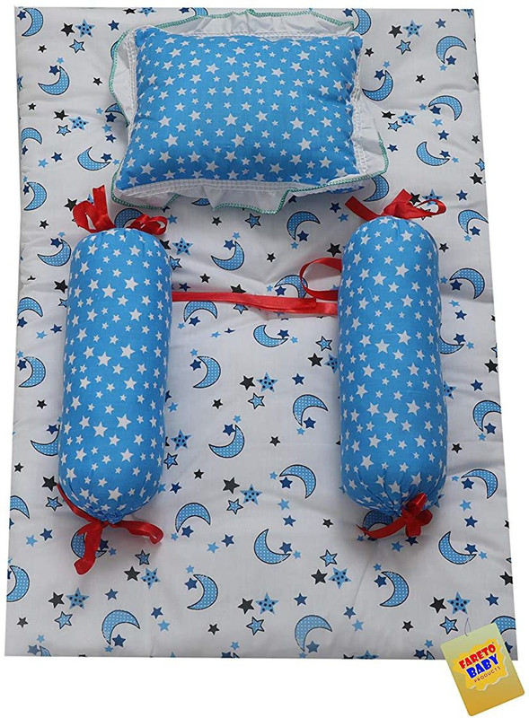 Fareto Cotton Baby Bed Sized Bedding Set(Blue, White, 1 4-pcs set, 2 Lottan, 1 Square Pillow)