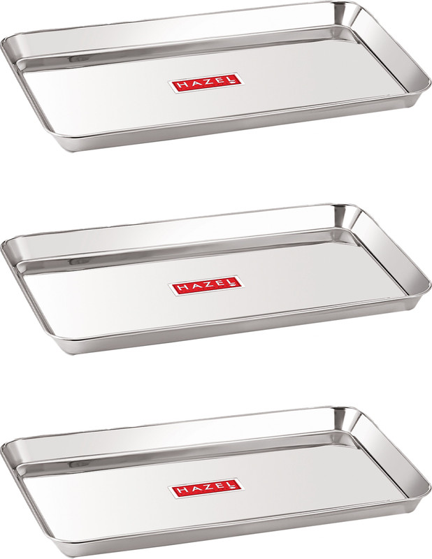 HAZEL Stainless Steel Serving Trays Rectangle Premium Dining Table Plater Set of 3, Small, Silver, 29.5 x 19 cm Tray(Pack of 3)