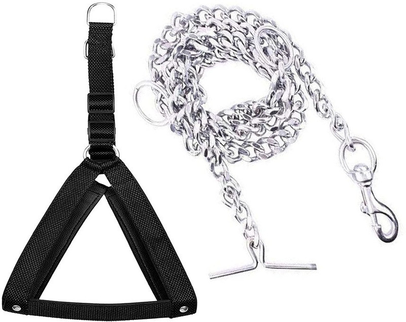 Smart Doggie Combo of 0.75 inch Harness Belt and Heavy Stainless Steel Chain for Small Dogs Dog Harness & Chain(Small, Black)