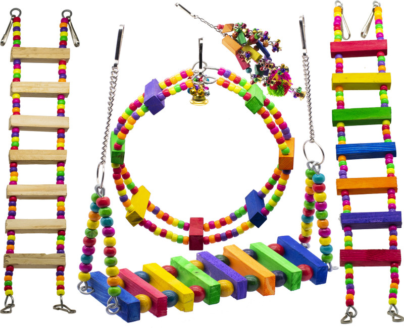 GREENBIRDS TOYS Combo #24 Of Colorful Wooden Bird Ladder & Mesh Bird Ladder With 2 beautiful Hangings & Bird Swing Colorful Natural Wood Parrot Toys Cage Accessories Resting Toy Wooden Training Aid For Bird & Bird Wooden Chew Toy, Training Aid, Perch For Bird Bird Play Stand