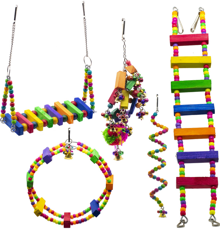 GREENBIRDS TOYS Combo #6 Of Colorful Wooden Bird Ladder, Spiral Hanging, Twinkle Hanging, Ferris Wheel & Bird Swing Colorful Natural Wood Parrot Toys Cage Accessories Resting Toy Wooden Bird Play Stand