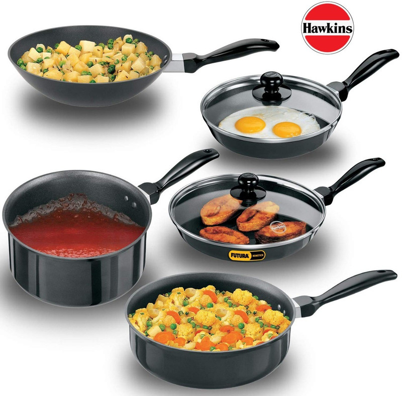 Hawkins Futura Non Stick Cookware Set NSET4 with Glass Lid Non-Stick Coated Cookware Set(PTFE (Non-stick), 7 - Piece)