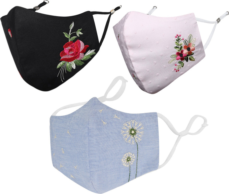 MASQ Anti-Pollution Anti-Bacterial BFE>99% 4 Layer Protective Face Mask Girl & Women Floral_Combo_Large_03 Reusable, Washable Cloth Mask(Black, Pink, Blue, Multicolor, L, Pack of 3, 4 Ply)