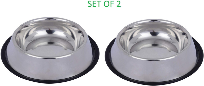 chullbull pet products Stainless Steel Anti Skid Dog and Cat Bowls- Set of 2 Stainless Steel Pet Bowl(450 ml Silver)