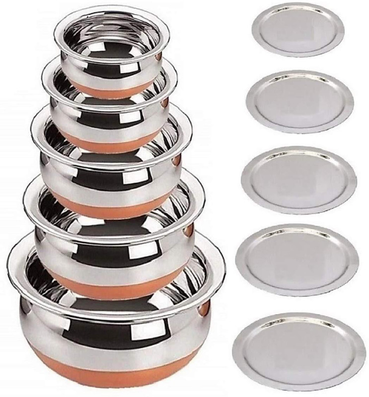 Nirvika stainless steel Handi Set Urli Everyday Use Whether you want to cook a delicious serving of your favourite sabzi or heat leftover curries from the previous day, the 5-piece copper handi set, Prabhu Chetty, Curved Copper Plate at Bottom, Best Quality Stainless Steel Copper Bottom 5 Pic Handi