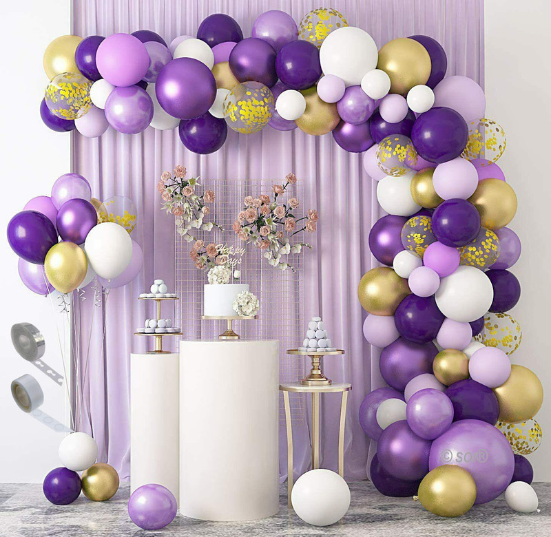 SOI Solid 92 Pcs Purple Gold White Balloon Garland Kit Decoration for Wedding Birthday Baby Shower Party Decorations Balloon Balloon(Purple, Gold, White, Pack of 92)