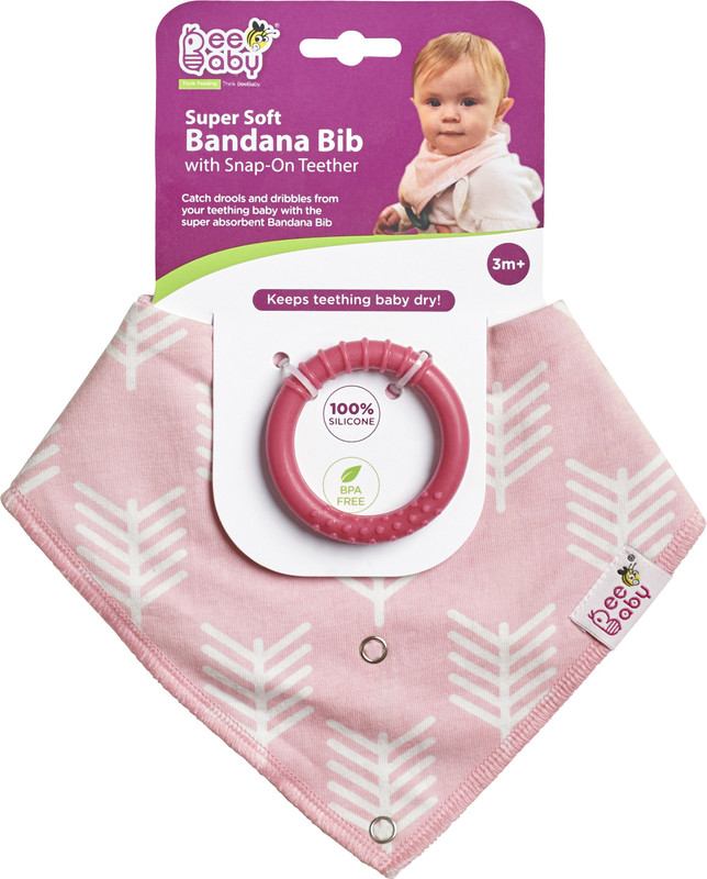 Beebaby Super Absorbent & Soft Bandana Bib with Snap-on Teether. 100% Waterproof & Washable. (Baby Pink - Arrow) 3M+(Baby Pink)
