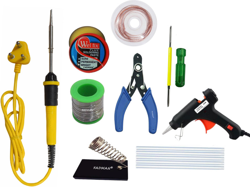 FADMAN Electric 25W Soldering Iron Kit - Set of 9 PT-9|Solder Wire|Cutter|Stand|Paste|2IN1 Screw Driver|Wick|20W Glue Gun|5 Glue Sticks|Yellow+Black 25 W Simple(Flat Tip)