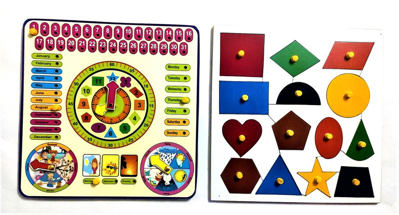 PETERS PENCE LEARNING CALENDER CLOCK WITH GEOMETRY 14 shaped puzzled BOARD COMBO(Multicolor)