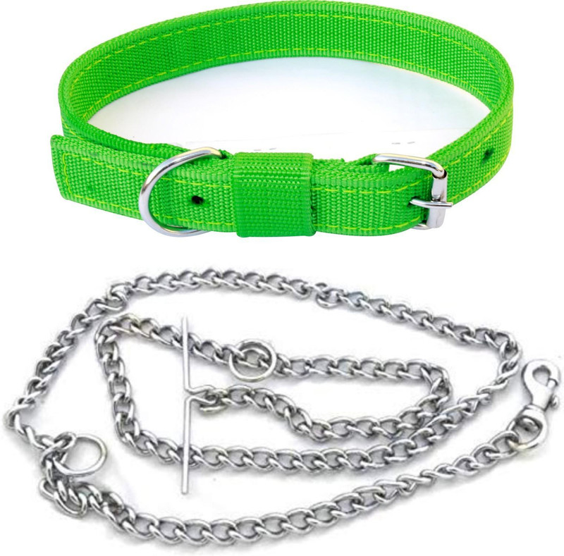 BODY BUILDING Dog Belt Combo of Green Dog Collar with Dog Chain Specially for Medium Breed Dog Collar & Chain(Medium, Green, Silver)