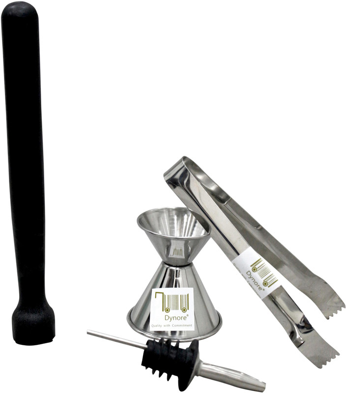Dynore Dynore Stainless steel 4 pcs Bar Accessories Set- PVC Muddler Black, Peg Measure, Ice Tong, Wine Pourer 4 - Piece Bar Set(Stainless Steel)