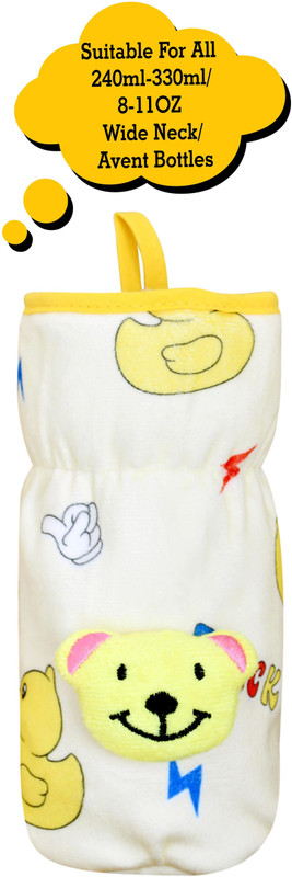 The Little Lookers Soft Plush Stretchable Baby Feeding Bottle Cover/Tote Bag/Sleeve with Easy to Hold Strap | Cute Animated Overall Print Pack of 1 (Yellow, Wide Neck 240-330ml/8-11OZ)(Yellow)