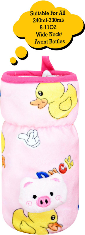 The Little Lookers Soft Plush Stretchable Baby Feeding Bottle Cover/Tote Bag/Sleeve with Easy to Hold Strap | Cute Animated Overall Print Pack of 1 (Pink, Wide Neck 240-330ml/8-11OZ)(Pink)